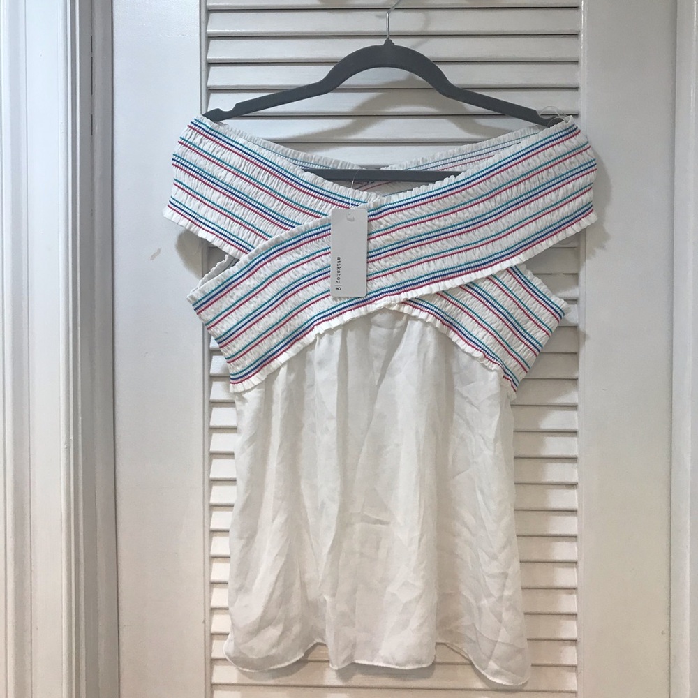 NEW! with tags - off shoulder white top with colorful details. Size M